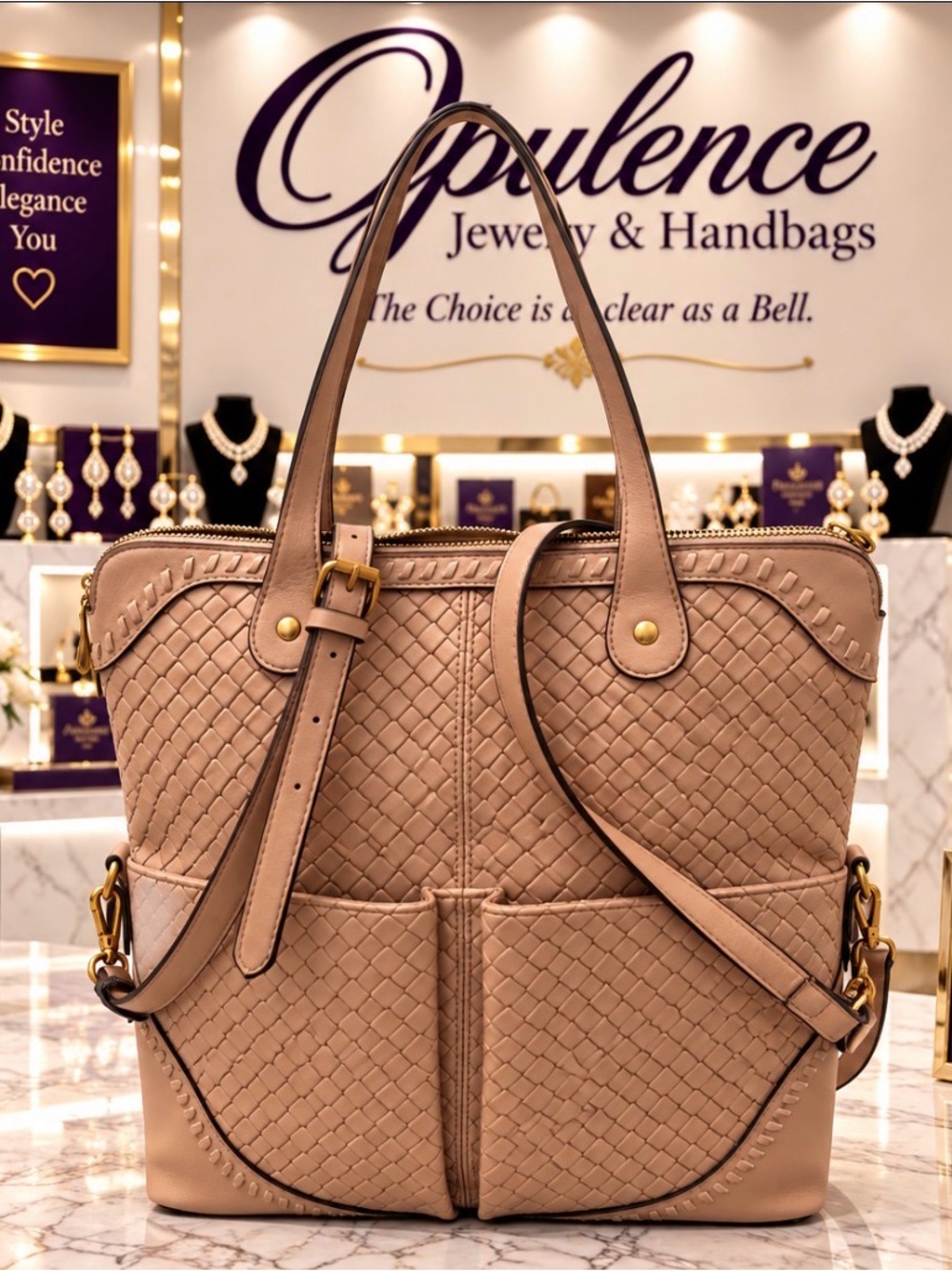 Woven Leather Tote Bag in Nude